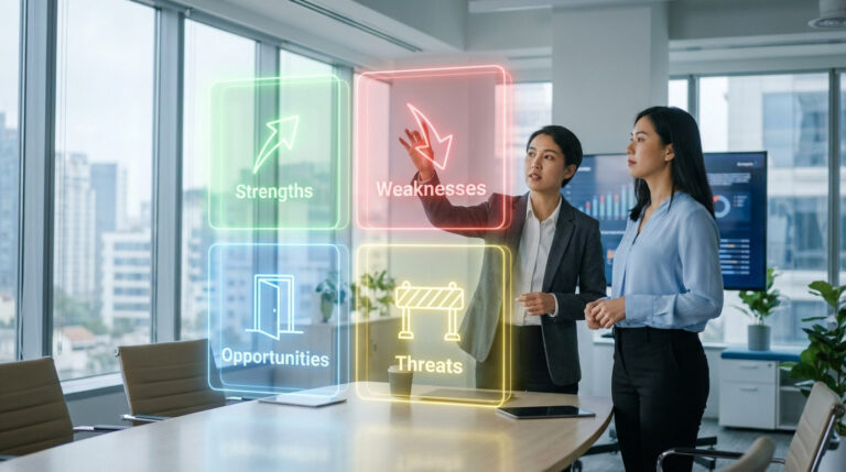 Deux professionnelles utilisant une interface numérique holographique pour analyser les forces, faiblesses, opportunités et menaces.