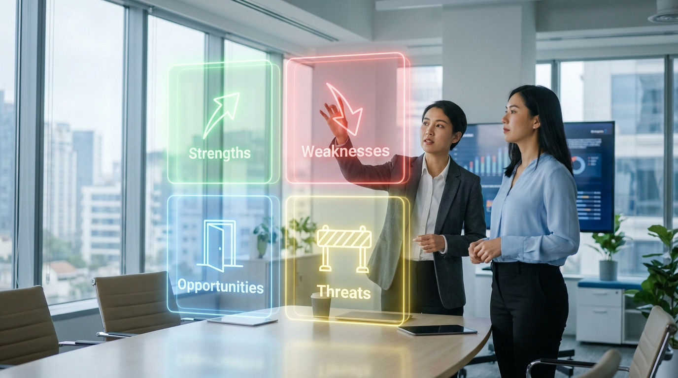 Deux professionnelles utilisant une interface numérique holographique pour analyser les forces, faiblesses, opportunités et menaces.