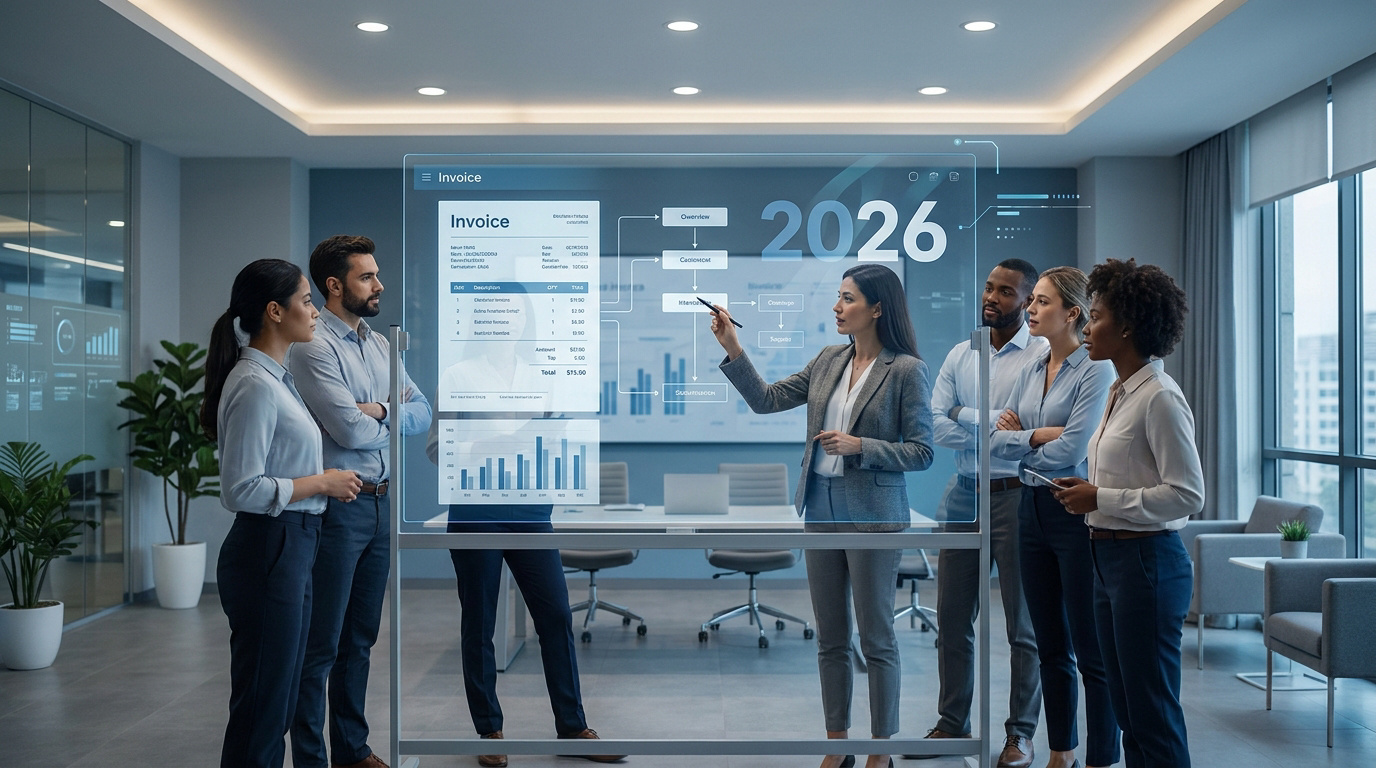 Une équipe d'entreprise en réunion analysant des données numériques de facturation sur une interface holographique.