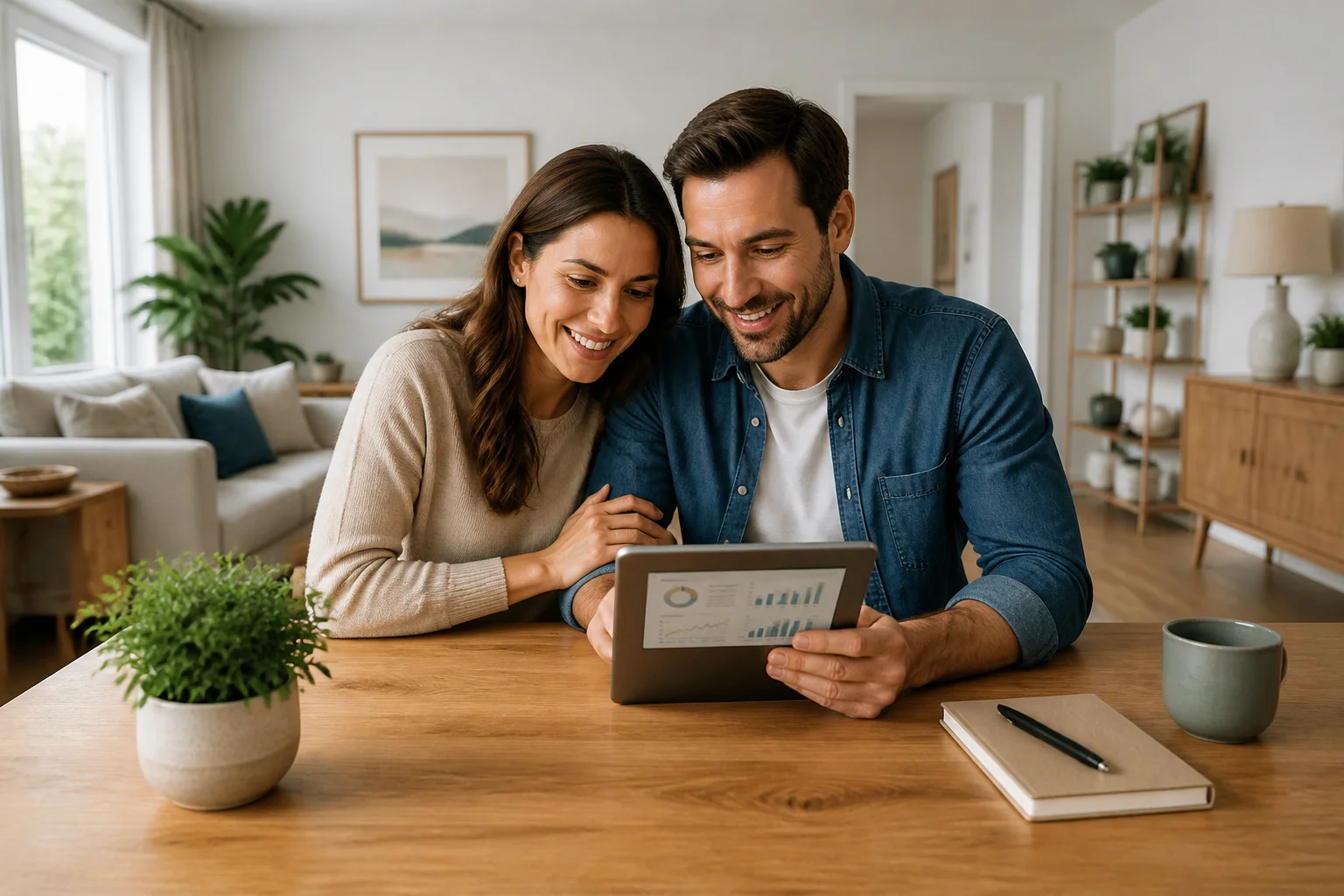 Couple partageant la gestion financiere sur tablette