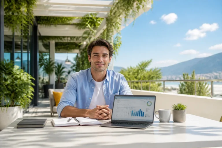Jeune entrepreneur souriant en exterieur
