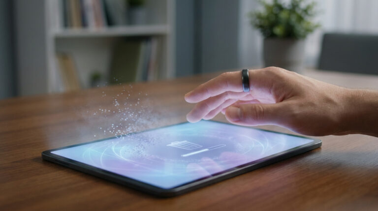 Une main portant une bague connectée interagit avec une tablette affichant une icône de corbeille et des effets holographiques.