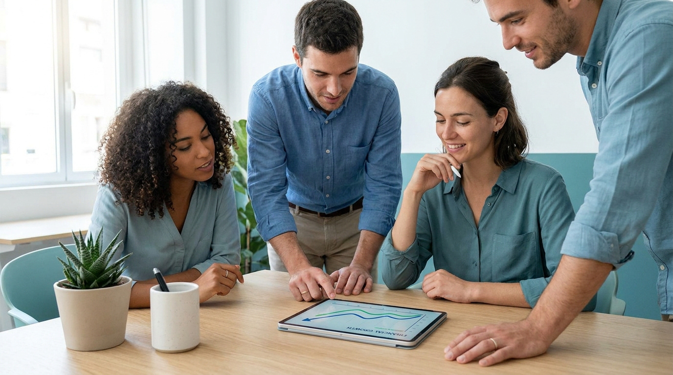 Une équipe de quatre jeunes professionnels examinant un graphique de croissance financière sur une tablette au bureau.