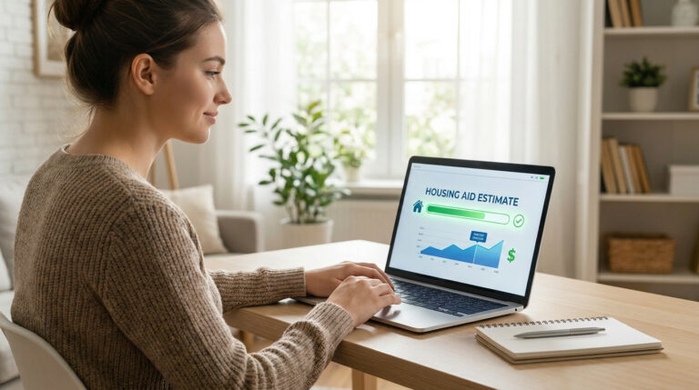 Une femme utilise un ordinateur portable pour faire une simulation d'aide au logement en ligne.