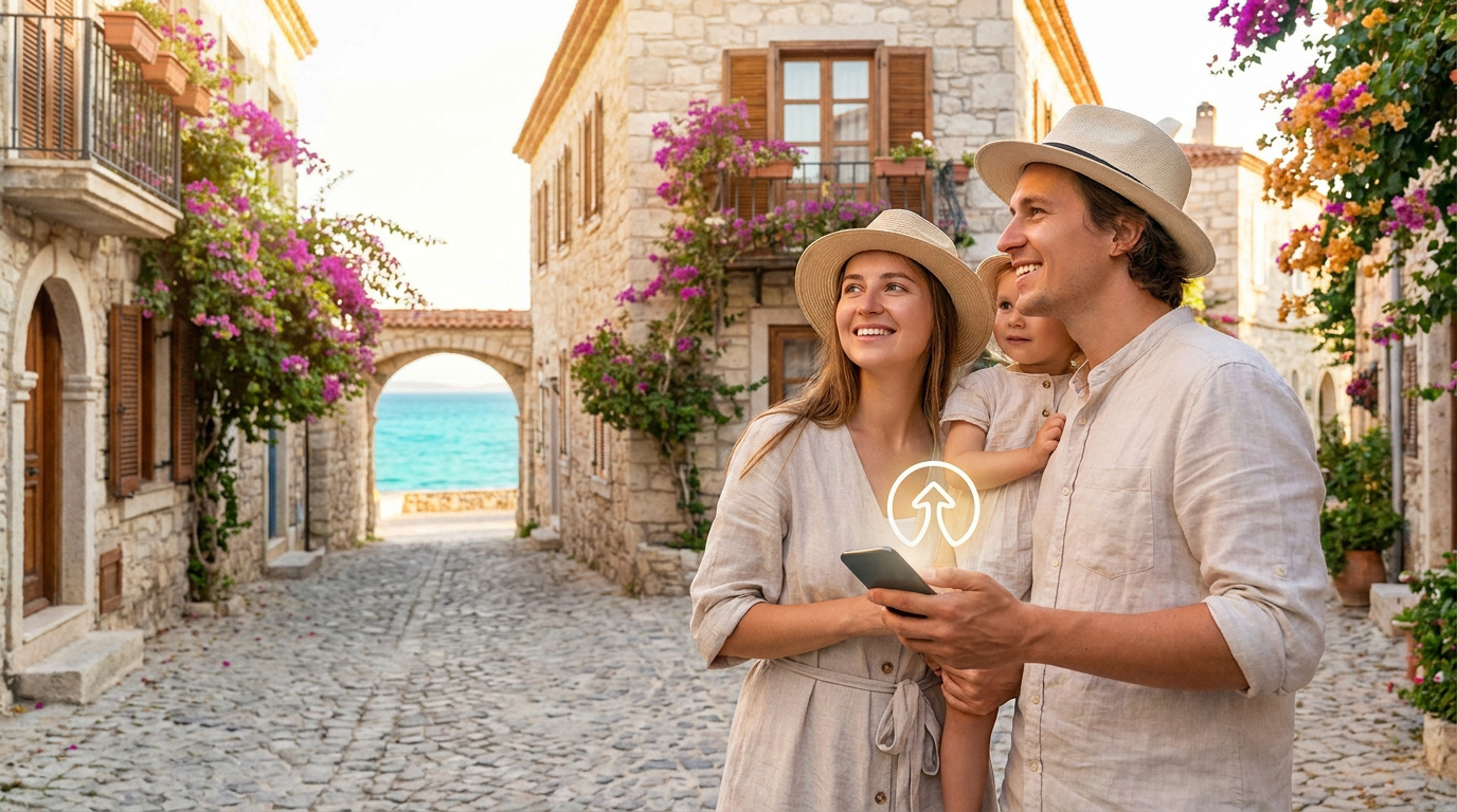 Jeune famille en vacances dans une ruelle ensoleillée avec vue sur la mer, utilisant une application mobile de voyage.