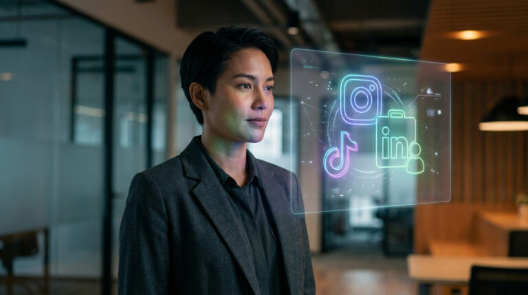 Une femme d'affaires regarde des icônes de réseaux sociaux en hologramme brillant dans un bureau moderne.