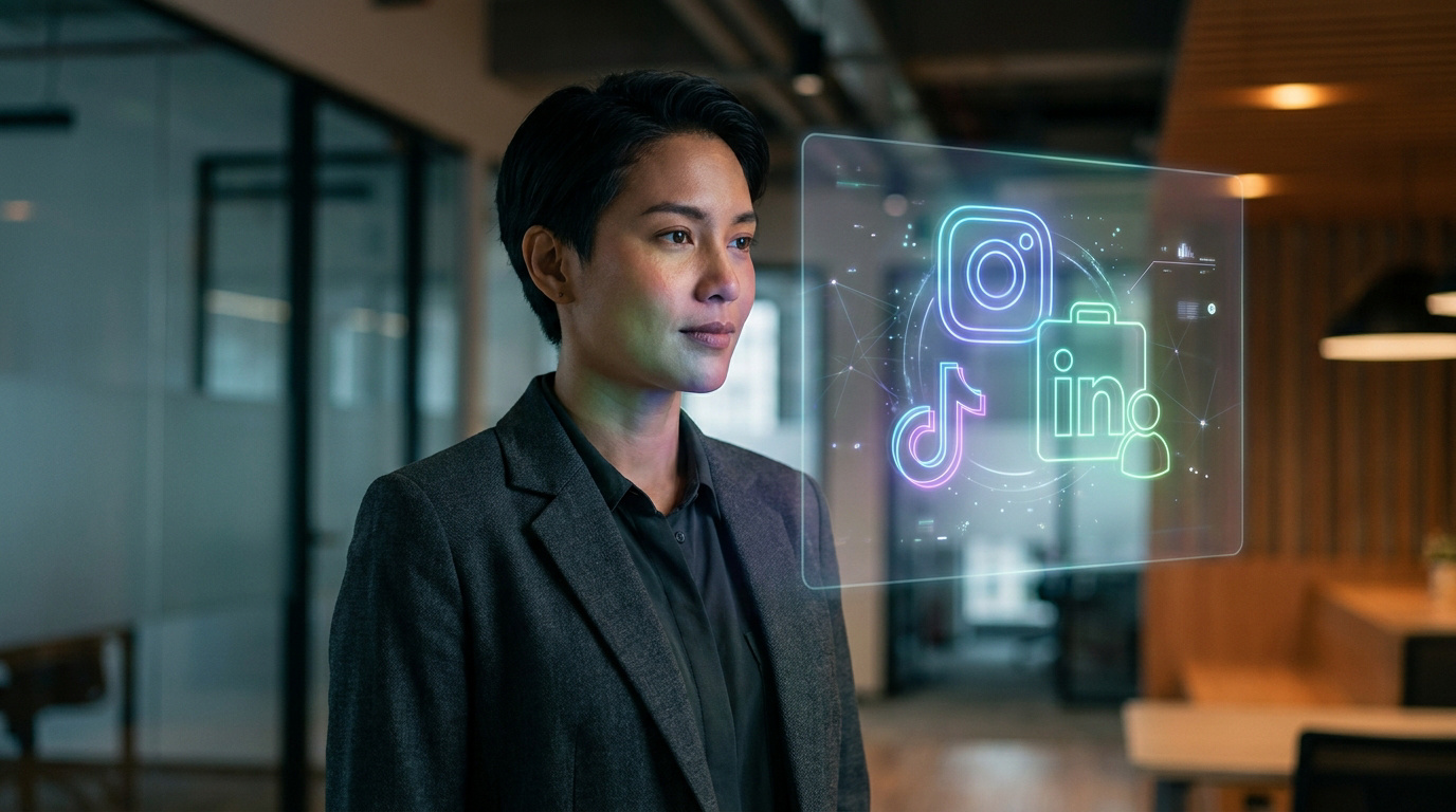 Une femme d'affaires regarde des icônes de réseaux sociaux en hologramme brillant dans un bureau moderne.