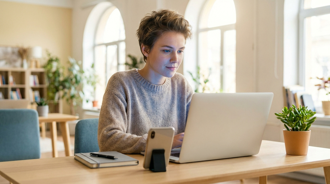 Une jeune femme travaillant sur son ordinateur portable dans un bureau moderne et lumineux.