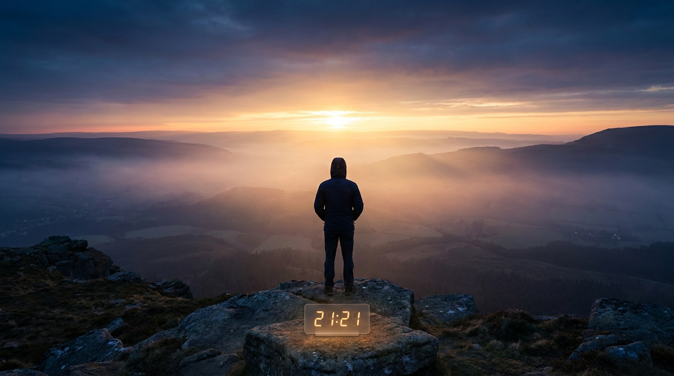 Une personne debout sur une falaise face à un coucher de soleil avec un affichage numérique 21:21 sur un rocher.