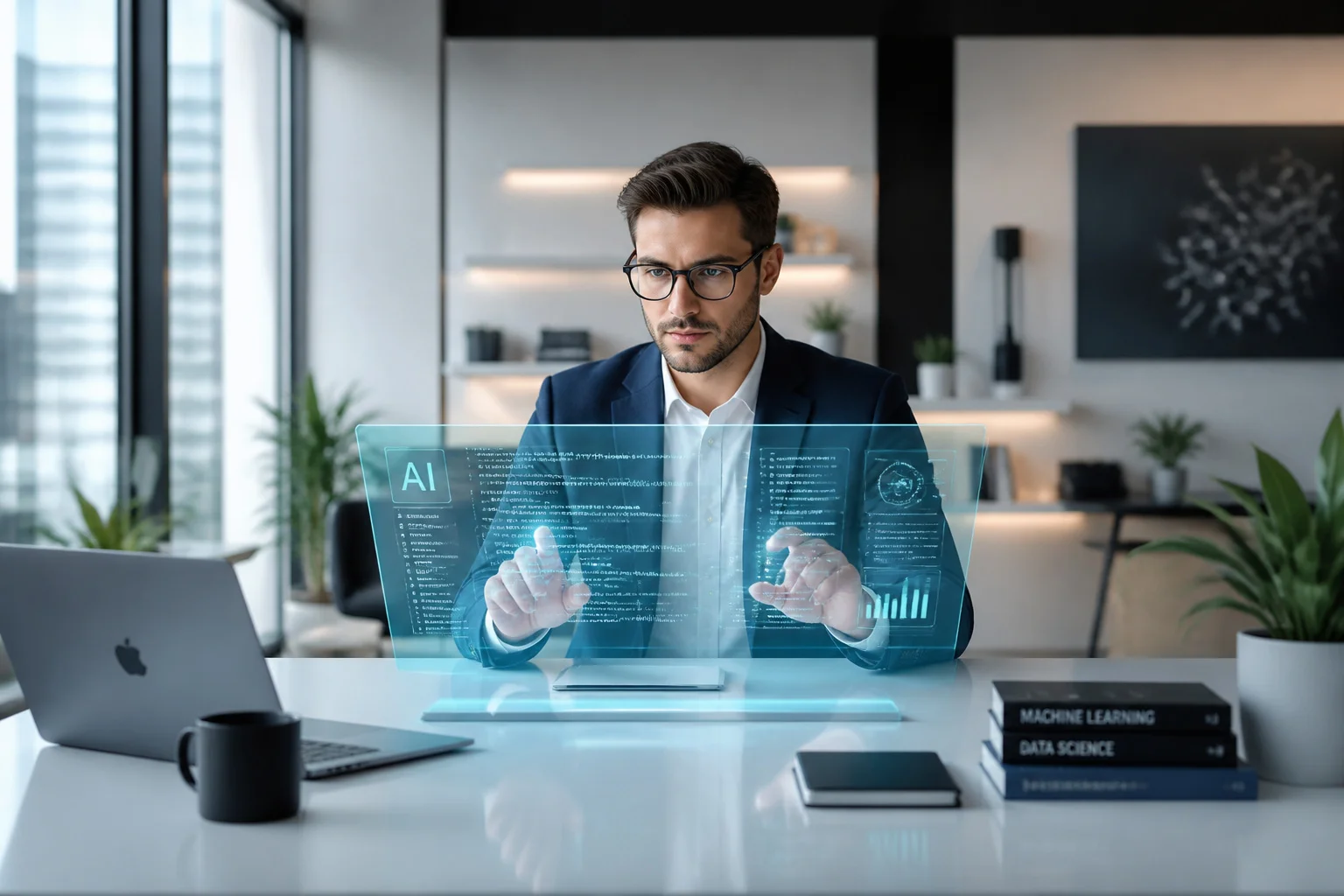 Homme daffaires interagissant avec une interface ia