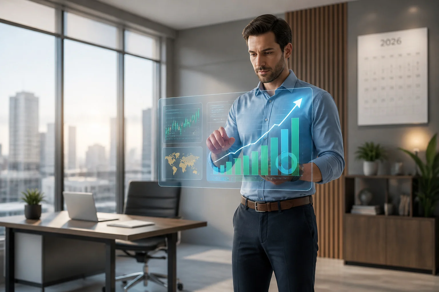 Professionnel analysant des donnees holographiques