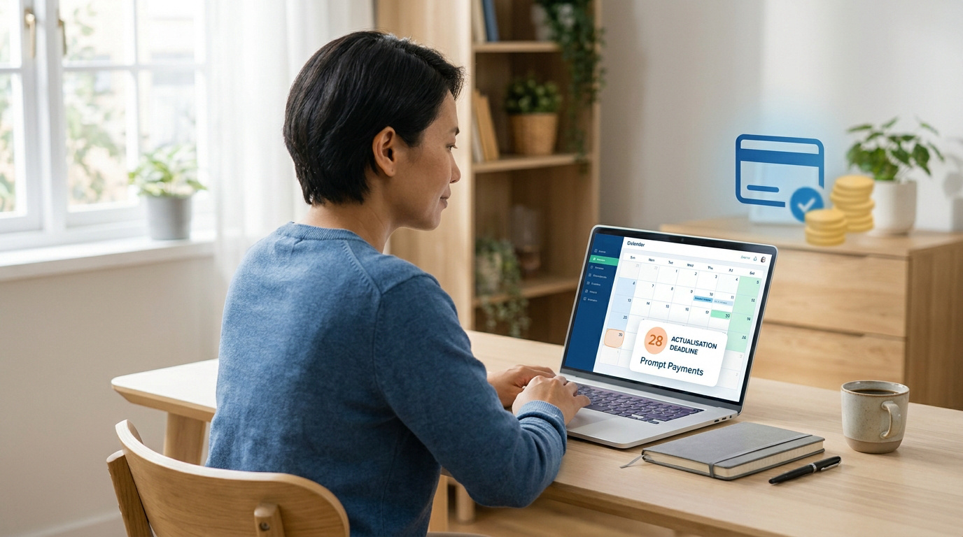 Une personne utilisant un ordinateur portable pour actualiser sa situation mensuelle sur un calendrier en ligne.