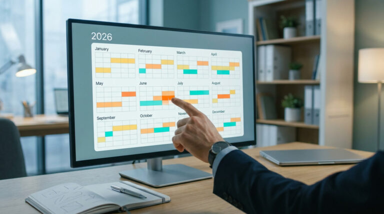 Une main pointe un calendrier annuel 2026 coloré affiché sur un écran d'ordinateur dans un bureau.