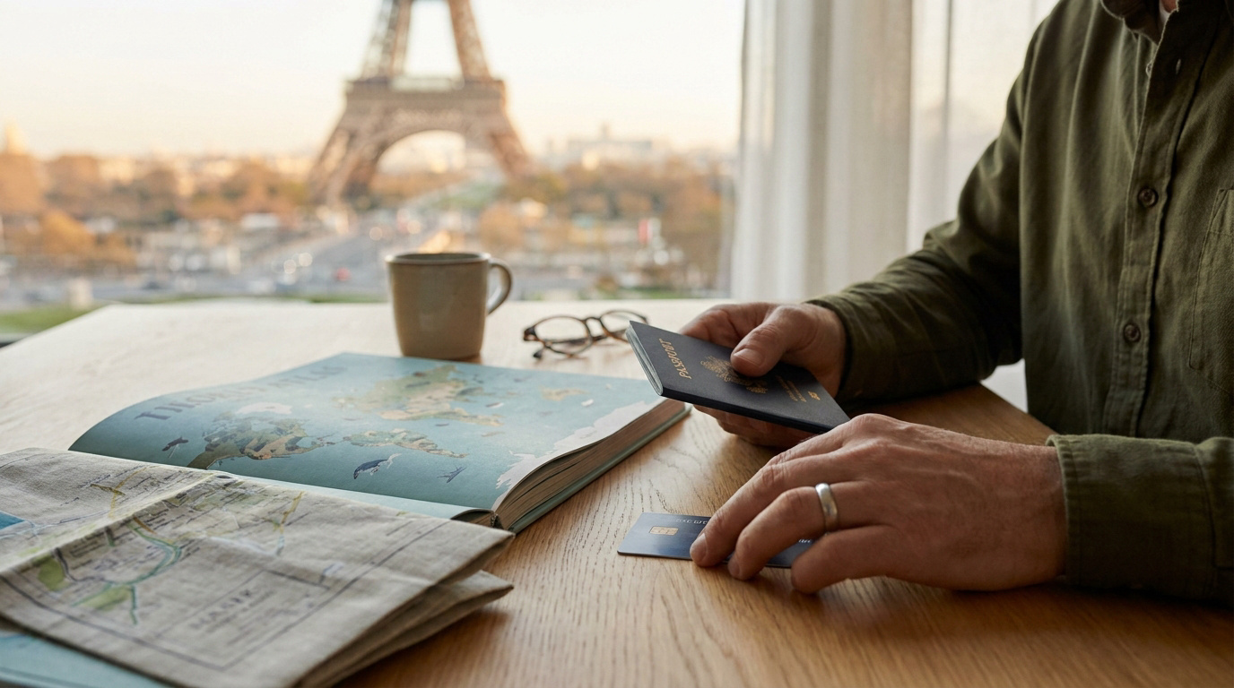 Un homme tenant un passeport et une carte bancaire devant une fenêtre avec vue sur la tour Eiffel.