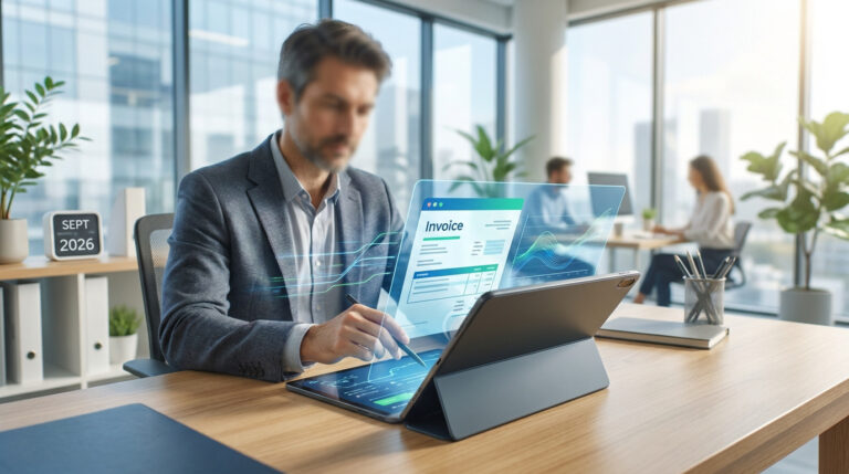 Un professionnel utilise une tablette numérique pour gérer une facture électronique holographique au bureau.