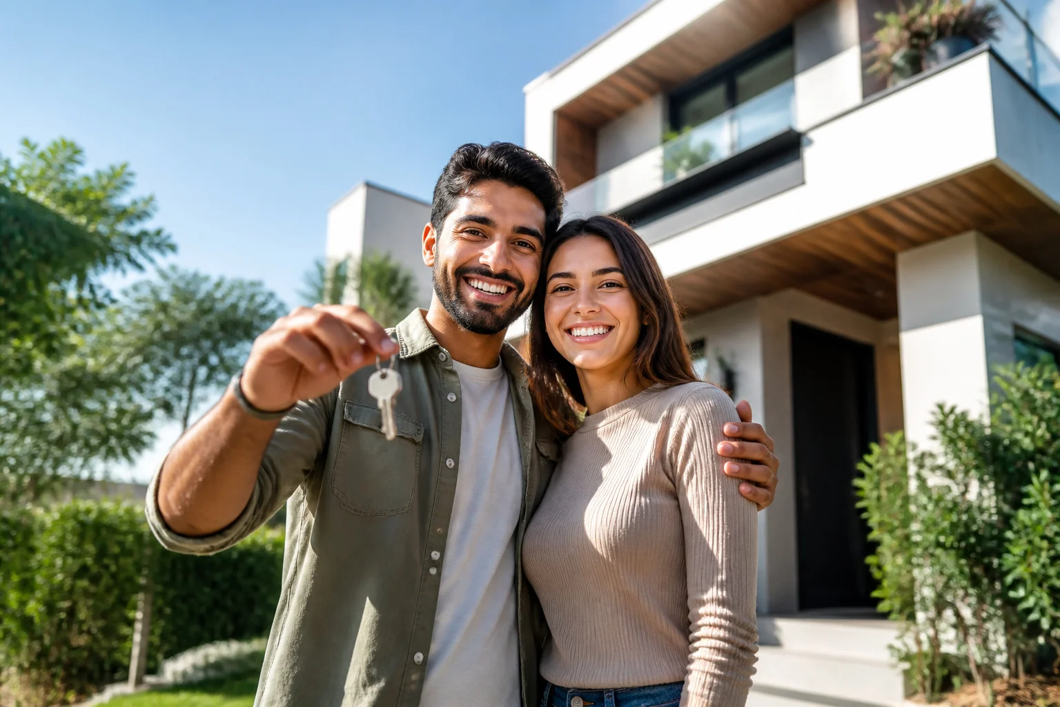 Nouveau chez soi couple heureux avec les cles