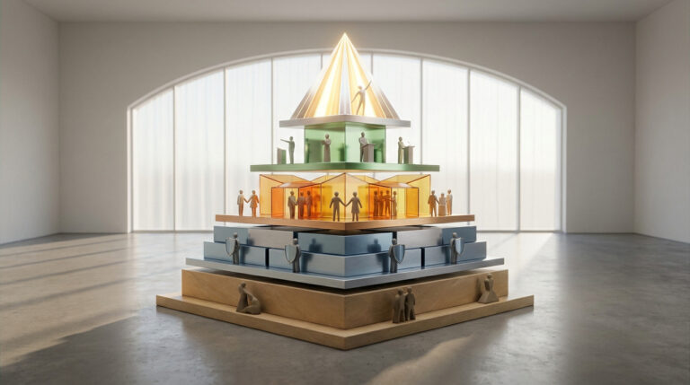 Une pyramide stylisée en plusieurs niveaux illustrant la hiérarchie des besoins humains dans une salle lumineuse.