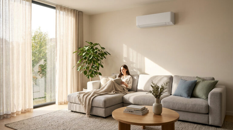 Une femme lit confortablement sur un canapé dans un salon lumineux équipé d'une climatisation réversible.