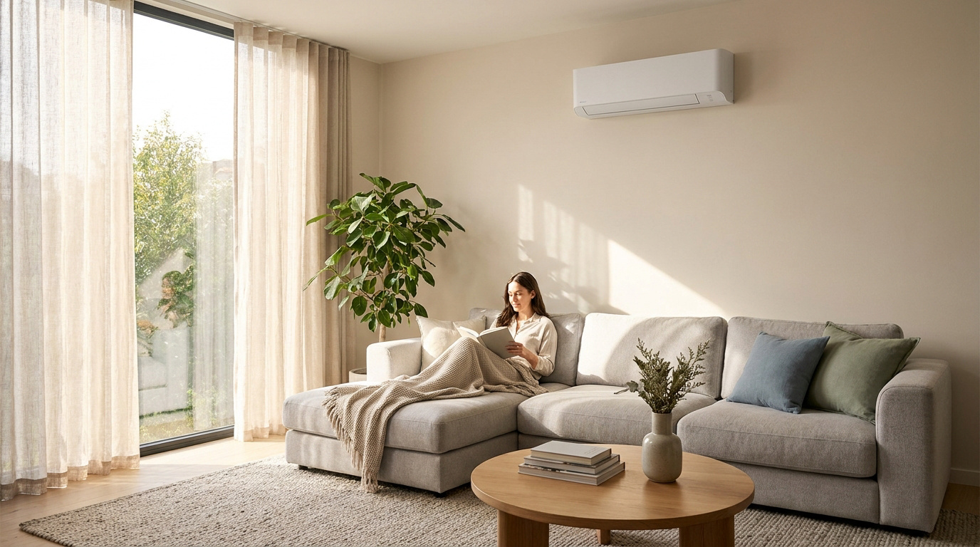 Une femme lit confortablement sur un canapé dans un salon lumineux équipé d'une climatisation réversible.