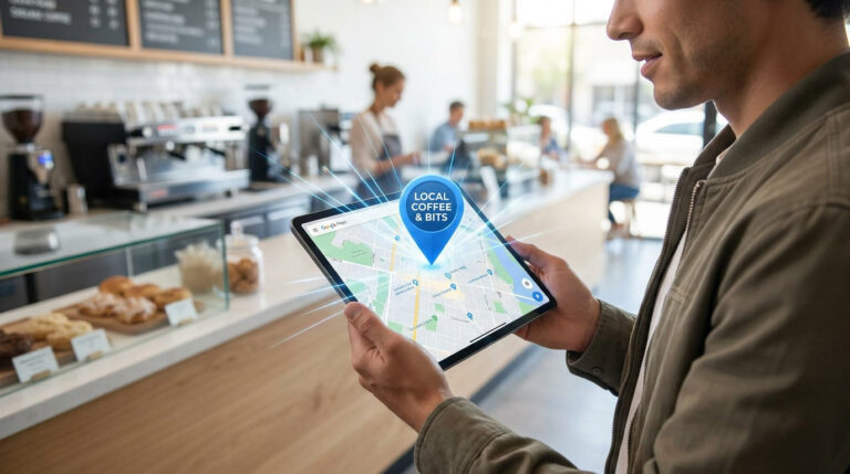 Un homme utilise une tablette dans un café avec une icône de localisation Google Maps en surbrillance.