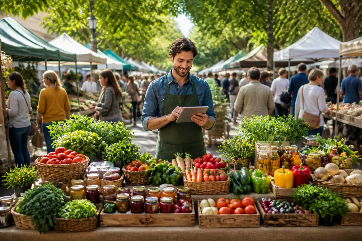 Marche anime avec vendeur et produits frais