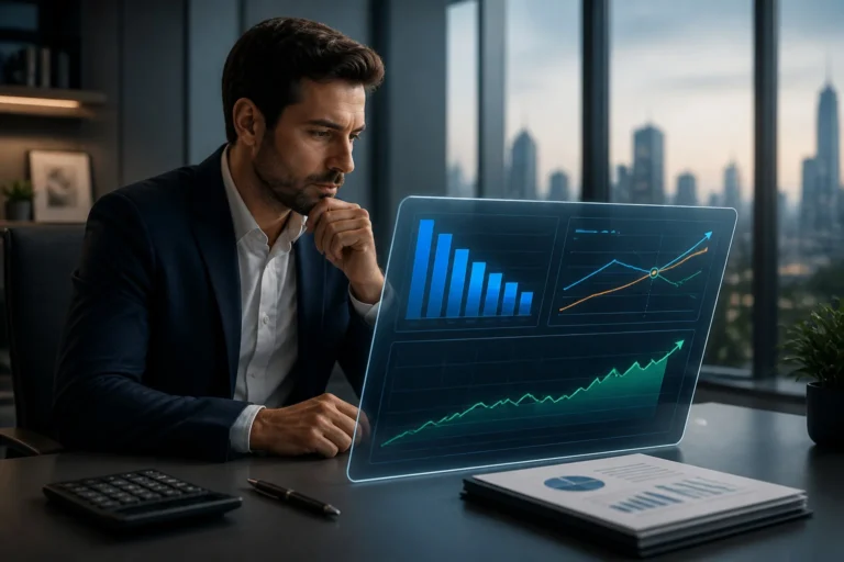 Analyste financier devant une interface holographique