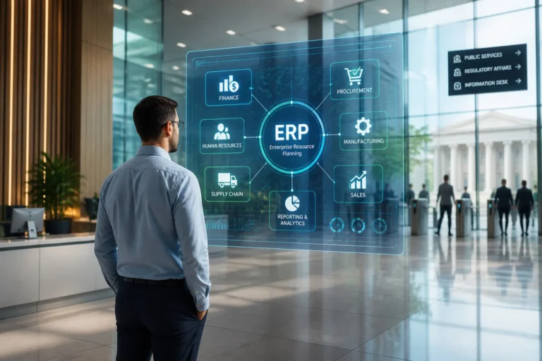 Homme daffaires interagissant avec un hologramme erp