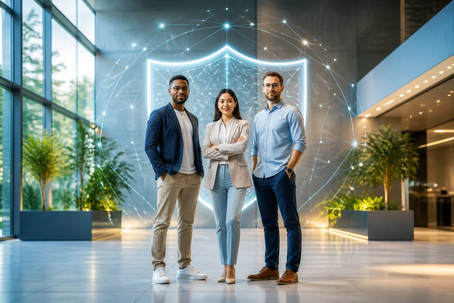 Equipe confiante sous un bouclier protecteur