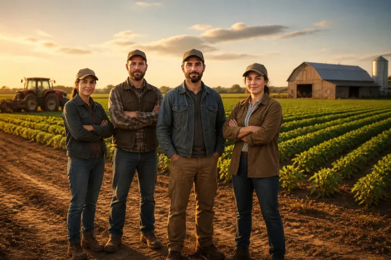 Groupe dagriculteurs au coucher du soleil