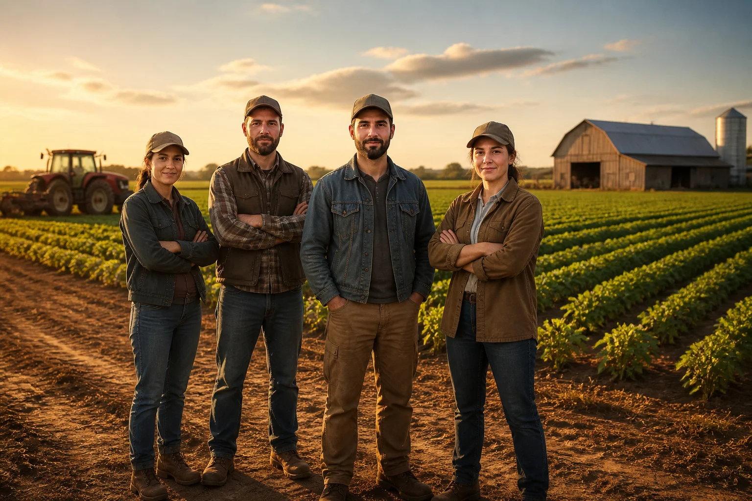 Groupe dagriculteurs au coucher du soleil