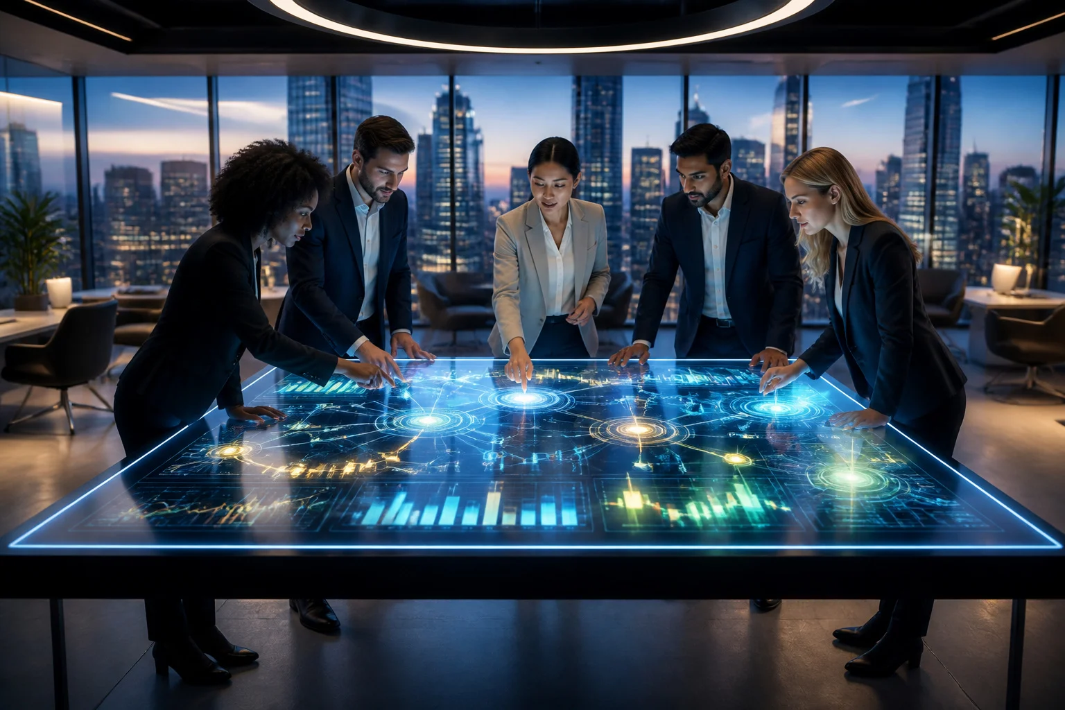 Equipe collaborative discutant sur une table holographique