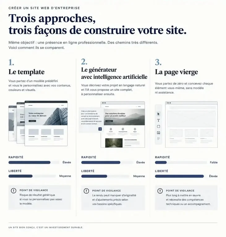 Infographie sur les approches pour créer un site web d’entreprise avec template, IA ou page vierge