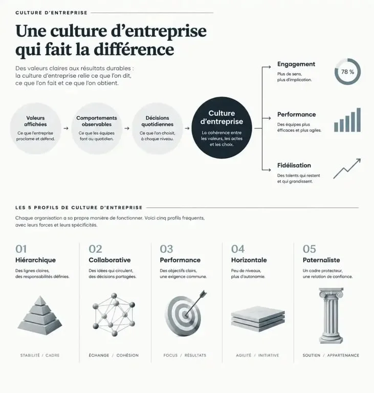 Infographie sur la def culture d'entreprise et le lien entre valeurs, comportements, engagement et performance