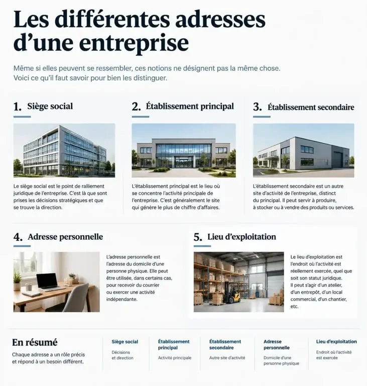 Infographie sur l'adresse du siège social et les différents types d'adresses d'une entreprise