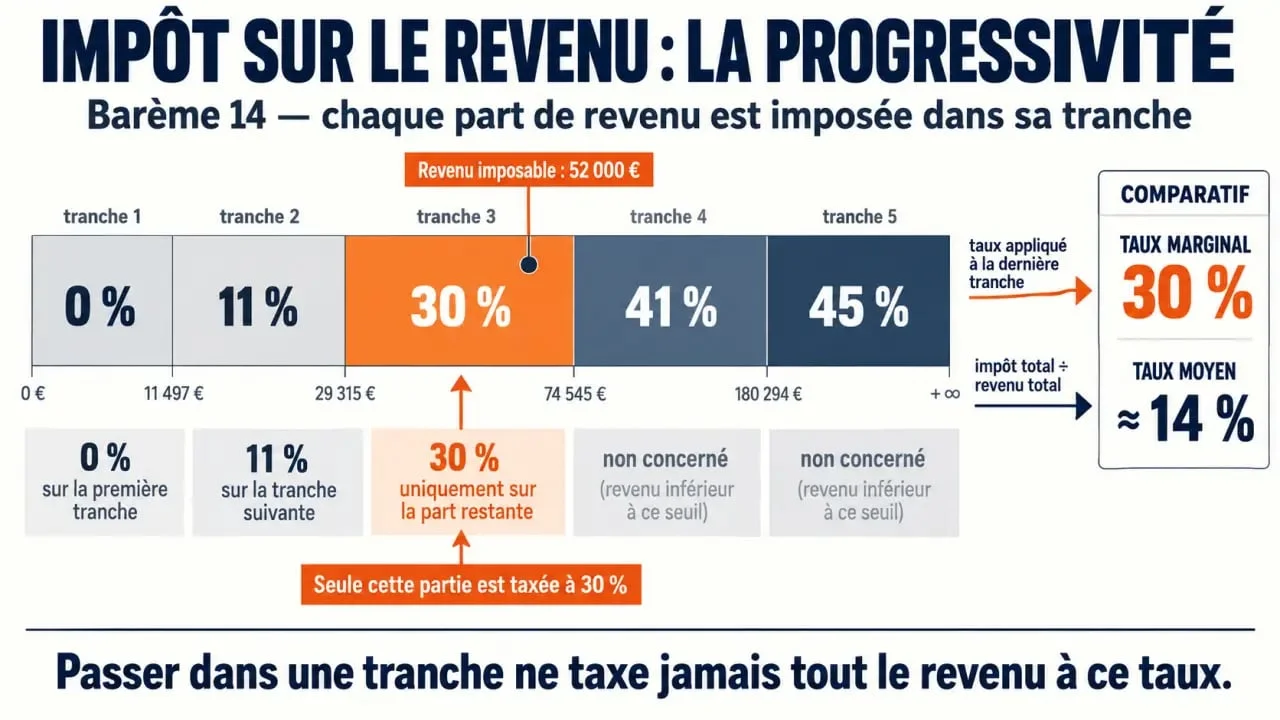 Infographie sur l'impot sur le revenu soumis au bareme 14 et la progressivité des tranches