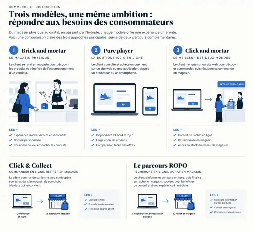Infographie comparative meaning of brick and mortar, pure player et click and mortar