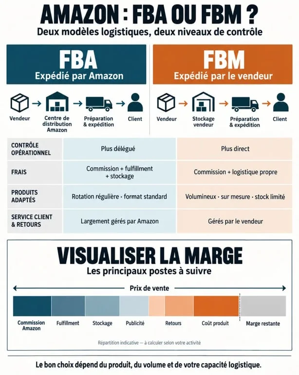 Infographie Amazon FNA comparant Amazon FBA et FBM et les principaux frais logistiques