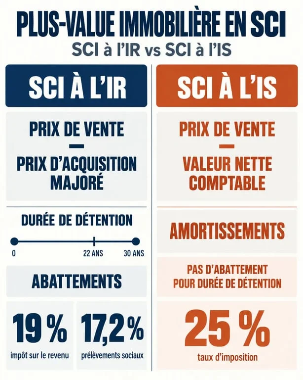 Calcul plus value immobilière SCI : comparaison des régimes IR et IS