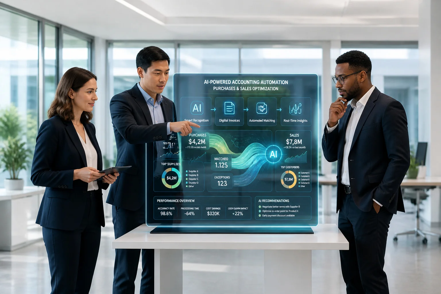 Equipe daffaires discutant dune interface holographique