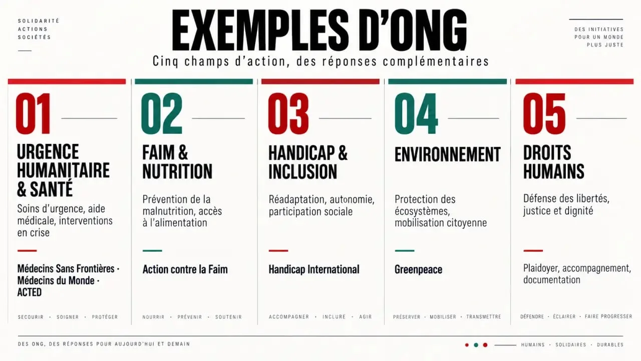Infographie présentant des exemples d’ONG par domaine d’action