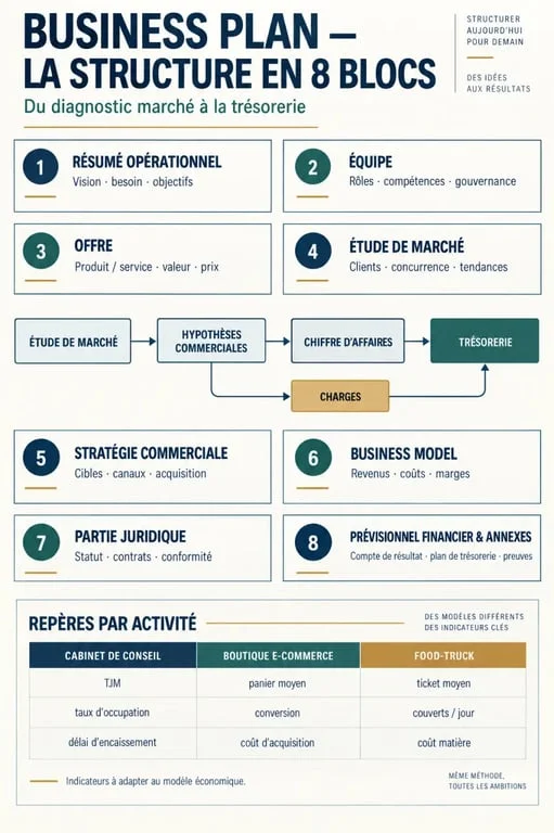 Exemple du business plan : structure en 8 blocs et liens entre marché, stratégie et prévisionnel financier