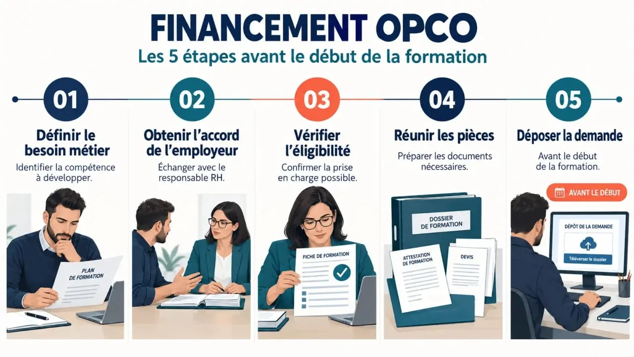 Les 5 étapes du financement OPCO formation, de l’accord de l’employeur au dépôt du dossier