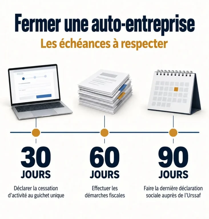 Fermer une auto-entreprise : infographie des délais de 30, 60 et 90 jours