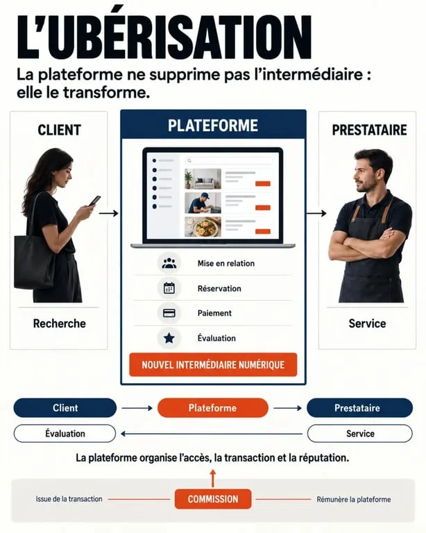 Définition de l’ubérisation et fonctionnement d’une plateforme numérique entre client et prestataire