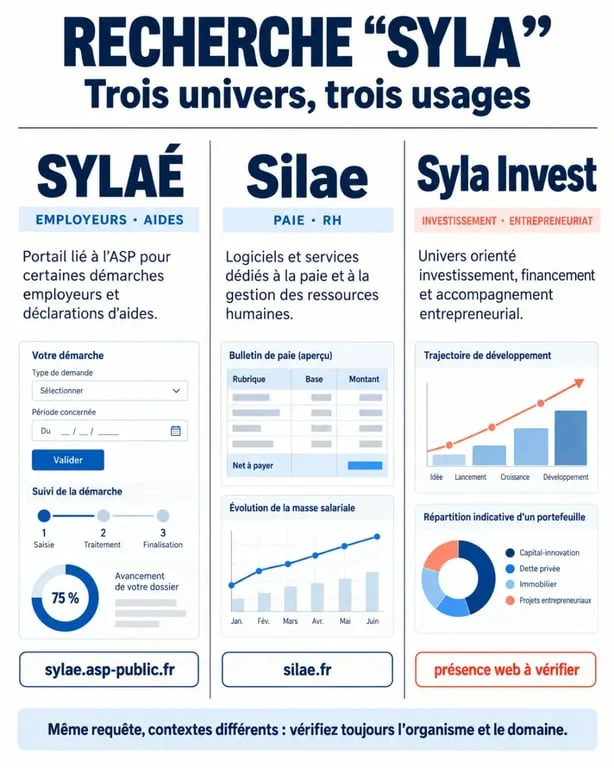 Infographie pour distinguer SYLAÉ, Silae et Syla Invest selon leur domaine et leur usage