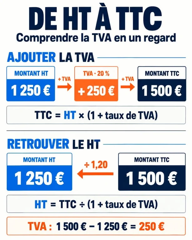 Infographie pour calculer un HT à partir d’un prix TTC avec la formule de TVA inversée