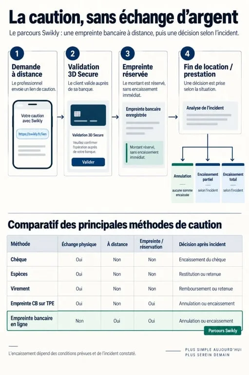 Infographie Swikly expliquant le parcours d’une caution en ligne et la comparaison avec les méthodes traditionnelles