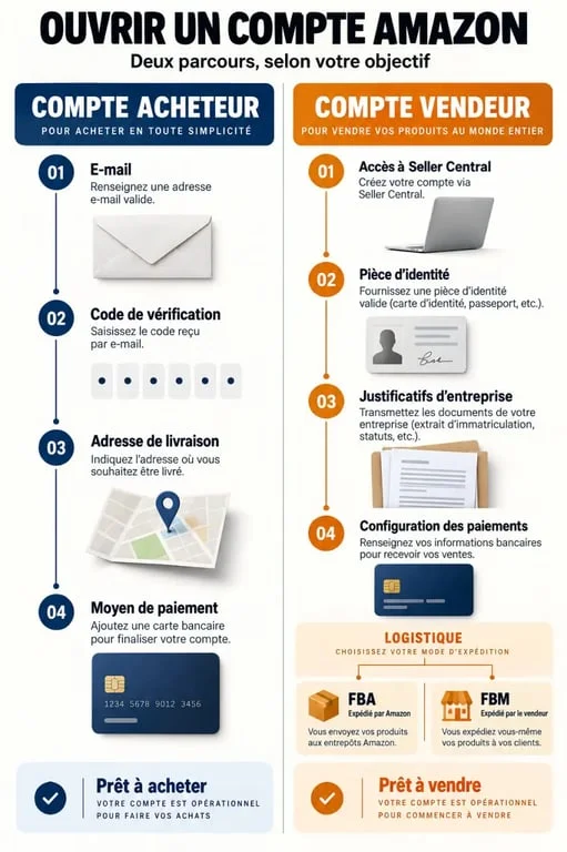 Ouvrir un compte Amazon : parcours acheteur et vendeur avec étapes principales