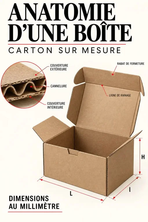 Schéma technique illustrant la structure d'un emballage sur mesure en carton ondulé