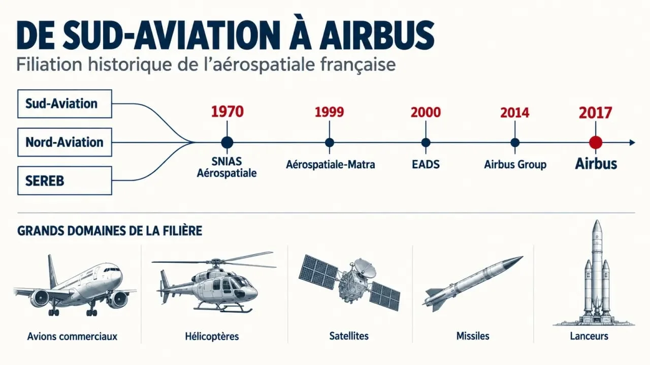 Infographie sur l’histoire de l’entreprise aérospatiale, de la SNIAS à Airbus